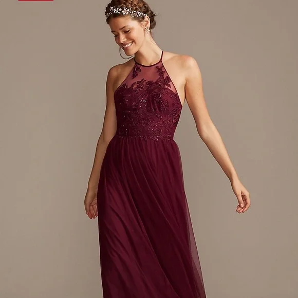 david's bridal burgundy dresses Davids Bridal Halter Wine Burgundy Maroon Lace Chiffon Long Bridesmaid Dress